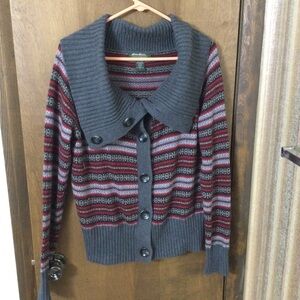 Eddie Bauer Women’s LG Angora Blend Red Grey Fair Isle Button Cardigan Sweater